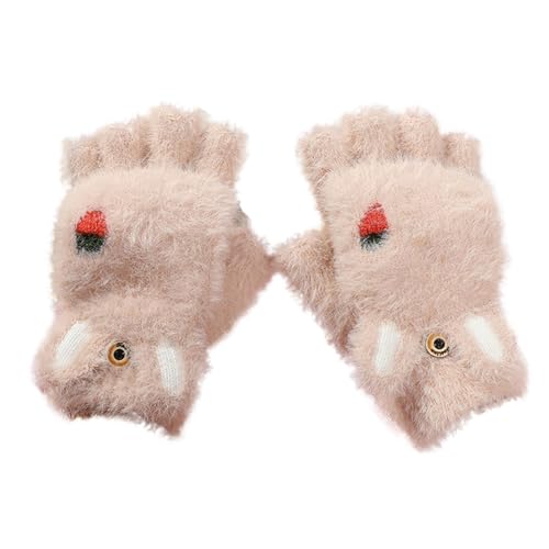 wojonifuiliy01 Winter Kinder halbe Finger Flip Cartoon Winter Fleece verdickt warme Handschuhe (Beige, 7-18 Years) von Generic