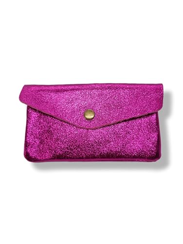 Damen-Geldbörse aus echtem Leder, schillernd, 15 cm x 8 cm, 3 Fächer mit Reißverschluss, RFID-Schutz, italienische Herstellung L, Fuchsia, L, Geldbörse aus Leder von Générique