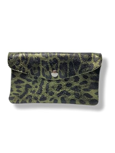 Damen-Geldbörse aus echtem Leder, schillernd, 15 cm x 8 cm, 3 Fächer mit Reißverschluss, RFID-Schutz, italienische Herstellung L, Khaki/Leopard, L, Geldbörse aus Leder von Générique