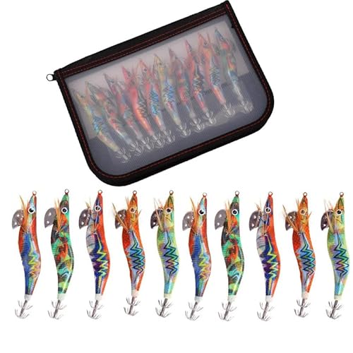 10 Stücke Tintenfisch Locken Holz Garnelen Jigs Angelhaken Octopus Köder 12g 14,5g Tintenfisch Leuchtende Künstliche Angeln köder(Cloth Bag,12g) von Generisch