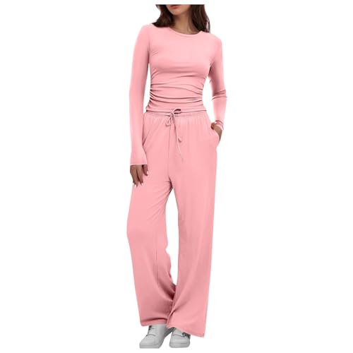 2 Teiler Damen einfarbige Lounge Set Oberteil Und Lange Hosen Set Bequeme Yoga Trainingsanzug Zweiteiliger Outfit Schmal Loungewear Set Rot S von Generisch