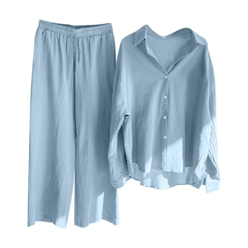 2 teiler damen sommer, Damen Zweiteiler sommer musselin Bluse set - Lässige Langarmshirt Revers Hemd Aus Baumwolle Und Leinen Mit Weitem Bein Und Lockerer hose Modischer hausanzug Freizeitanzug Leinen von Generisch