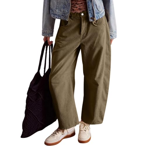 7/8 Hose Damen,Cordhose Damen Elegant Wide Leg - High Waist Gerades Bein Hosen Gerade Baggy Mit Taschen Knopfleiste Reißverschluss Einfarbig Freizeithose von Generisch