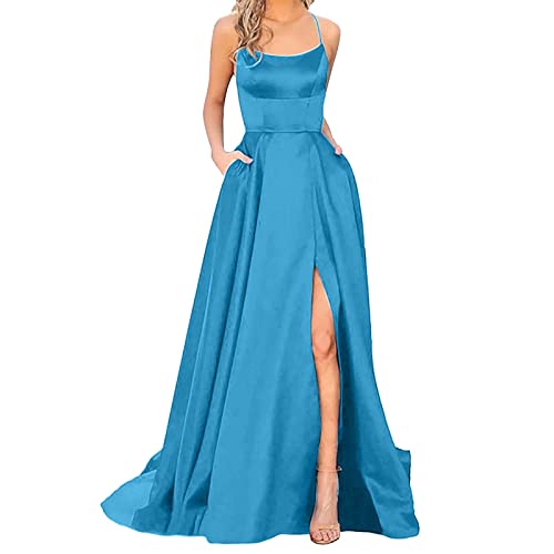 Abendkleider Ballkleider Damen Lang Abendkleider Abschlusskleid Damen Backless Satin A Linie Elegant Lange Hochzeitskleid Sexy Prinzessin Brautjungfer Kleid Himmelblau L von Generisch