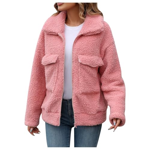 Angebote des Tages Heute Deal Damen Jacke Teddy Fleecejacke Strickjacke Mit Reissverschluss Flauschige Mantel Winter Warme Winterjacke Gefüttert Sweater Rosa，M von Generisch