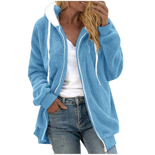 Angebote des Tages Heute Deal Damen Winterjacke Sweatjacke Warme Gefüttert Teddyplüsch Jacke Teddyfell Ausgefallene Jacken - Fleece Jacket Women Outdoor Fleecejacke Warm Blau，5XL von Generisch