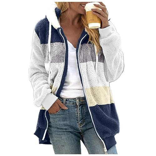 Angebote des Tages Heute Deal Jacke Damen Sweatjacke Outdoor Fleecejacke Warm Gefüttert Plüsch Jacken Für Winterjacke Teenager Lange Damen-Winterjacke Teddyjacke, Zip Dunkelblau，4XL von Generisch