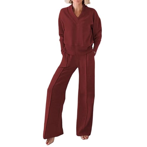 Aruaber Einfarbiges Oberteil und Hose für Damen, zweiteiliges Set, langärmeliger Pullover und Hose mit weitem Bein, Lounge-Sets (Rot, S) von Generisch