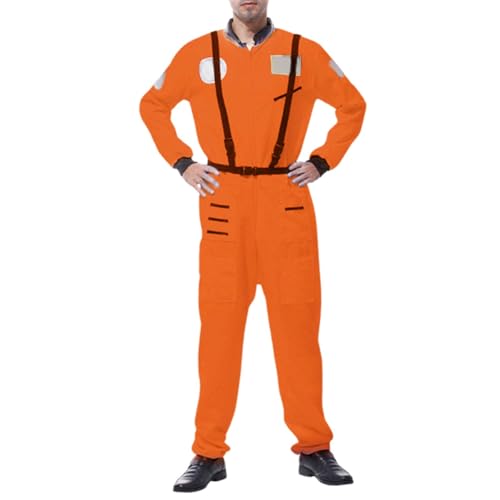 Astronauten Kostüm, Astronaut Kostüm Herren, Space Weltall Kostüm Herren, Space Kostüm Overall Outfit mit Gürtel, Weltall Raumfahrer Anzug Erwachsene für Karneval Halloween Mottoparty Orange L von Generisch