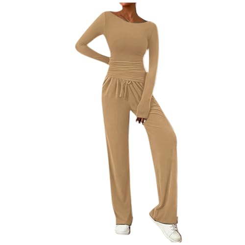 Asymmetrische Oberteil Und Lange Hose Set Damen, Lounge Set, Einfarbig, Slim Fit, Rundhals, Langarm, Hausanzug, Yoga Trainingsanzug, Loungewear, 2 Teiler Khaki XS von Generisch