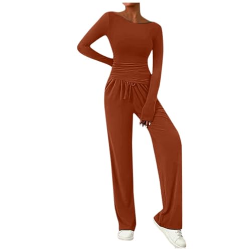 Asymmetrische Oberteil Und Lange Hose Set Damen, Lounge Set, Einfarbig, Slim Fit, Rundhals, Langarm, Hausanzug, Yoga Trainingsanzug, Loungewear, 2 Teiler Rot L von Generisch