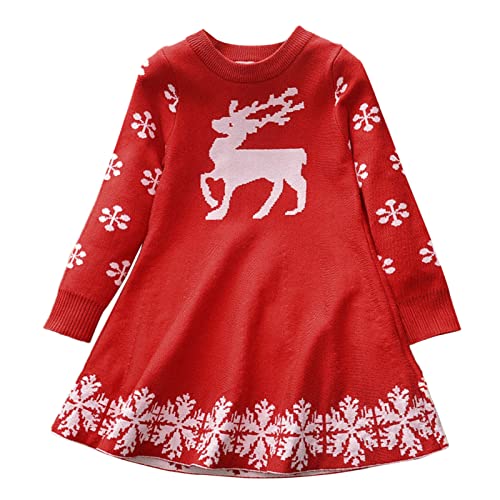 Baby Mädchen Weihnachtskleid Festliches A-Linie Strickkleid Langarm Schneeflocke Prinzessin Kleid Weihnachten Warm Herbstkleid Pailletten Bowknot Kleider Elegant Rot Winterkleid von Generisch