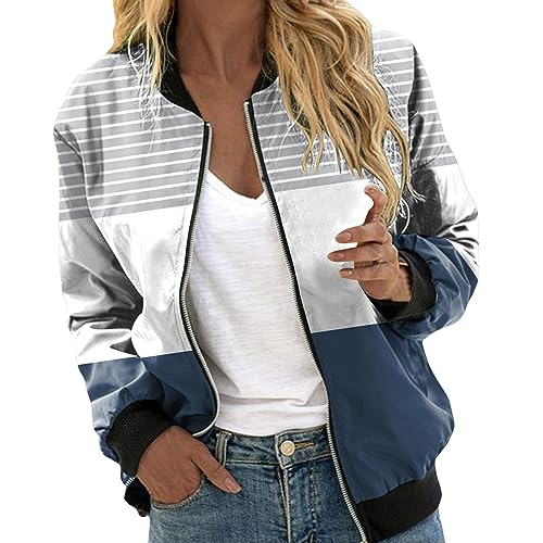 Baseball Jacke Damen Blouson Sommer Bomberjacke Kurzjacke Womens Frühling Freizeitjacke Blusenjacke Langarm 90Er Leicht Jacket Damenjacke Sweatjacke Bunt Blumenmuster Damenjacken Sommerjacke Marine L von Generisch