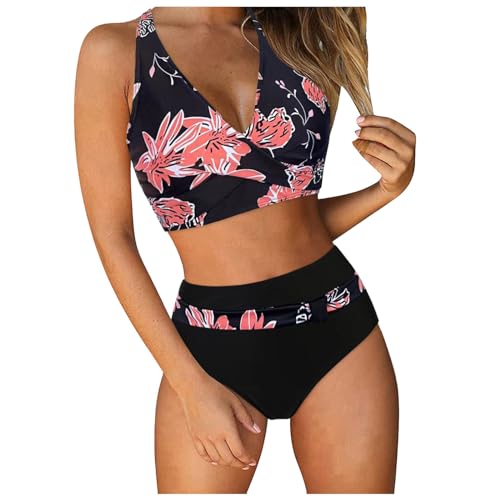 Bikini Damen Schwarz, Damen Zweiteiliger Badeanzug V Ausschnitt überkreuztes Bikini Bademode Bauchkontrolle Bikini Sets Atmungsaktiver Elastischer Badeanzüge Sexy Comf Badebekleidung von Generisch