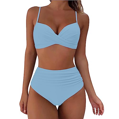 Bikini Damen Set Cross Badeanzüge V Ausschnitt Push Up Zweiteiliger Badeanzug Sexy High Waist Ruched Bauchweg Sommer Tankini Zweiteiliger Beachwear Anzug Mit Bauchkontrolle Swimsuit von Generisch