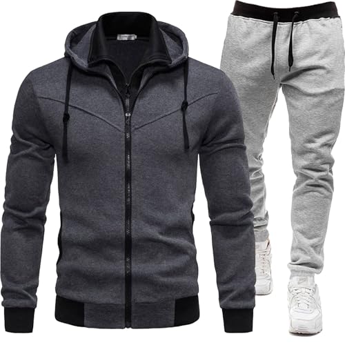 Black Friday,Jogginganzug Herren Set Mit Kapuze Mit Reißverschluss Einfarbig Trainingsanzug Baggy Lang Sport Anzug Schwarz Activewear Hausanzug 2 Teiler Sweatshirt mit Kapuze + Hose Tracksuit von Generisch