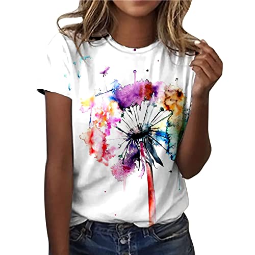 Bluse Damen, Tshirt Damen Sommer Weiß Bedrucken T-Shirt - Rundhals Kurzarm Oberteile Baumwolle Casual Tee Shirts Teenager Mädchen Tunika Bluse Bunte Drucken Tops Sportshirt von Generisch