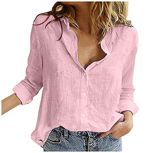 Bluse Pink Damen Elegant Blusen Hemdbluse Damen Blusenshirt Damen Langarm Hemden Casual V-Ausschnitt Roll Up Ärmel Button Down Blusen Tops Rosa S von Generisch