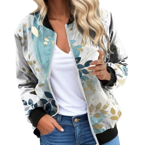 Blusenjacke Damen Blumenmuster Bluson-Damen Jacke Sommer Pilotenjacke Kurze Fliegerjacke Langarm Jacke Damen Frühling Elegant Blau L von Generisch