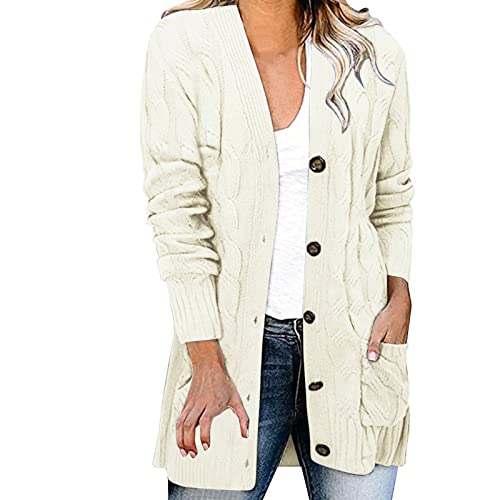 Cardigan Damen Lang Baumwolle Winter Herbst Mit Knöpfen Wolle Strickcardigan Grobstrickjacke Beige Elegant Große Größe Wolljacke Strickmantel Warm Übergang Grobstrick Strickjacke von Generisch