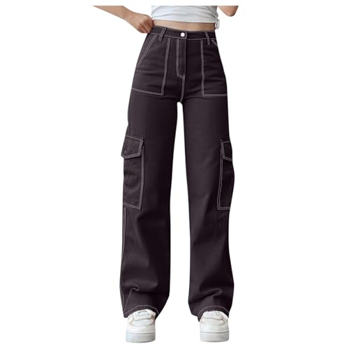 Cargo Hose mädchen,Baggy Jeans Damen Sommer Jeanshose Stretch Low Casual Trousers Cargo Hose Breites Bein Mädchen Streetwear Schlaghose,Schwarz,L von Generisch