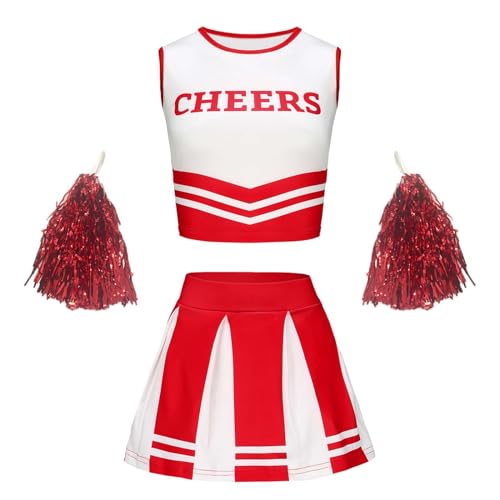 Cheerleader Kostüm Kinder Rot, Cheerleader Kostüm Mädchen 110, Cheerleader Kostüm Kinder Cheerleadering Outfit Mädchen - Tops Rock Pompoms Cheerleading Uniform Karneval Kostüm Faschingskostüme von Generisch