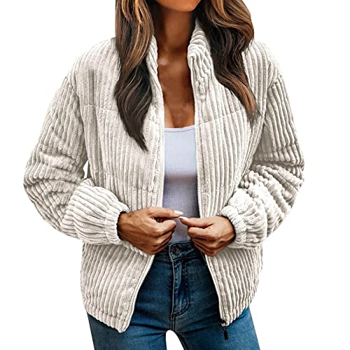 Cordjacke Damen Kurz Warm Kuschelige Winterjacke Übergangsjacke Gefüttert Langarm Reißverschluss Kurzmantel Wintermantel Übergangsmantel mit Taschen Beige L von Generisch