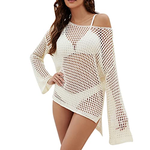 Cover Up Damen Oversized Häkel Top - Beachwear Bikini Tunika Große Größen Strandtunika Mädchen Sommer Outfits Durchsichtig Festival Outfit Lochmuster Häkelt Strandponcho Crochet Mini Cover-Ups von Generisch