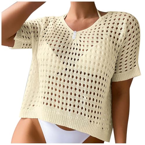 Crochet Top Damen Netz Cover Up - Strandponcho Luftig Netzoberteil Sommer Tunika Bikini Festival Outfit Große Größen Elegant Strand Kleid Frauen Hollow Out Badeanzug Coverup Für Bademode Stricken von Generisch