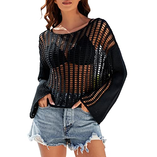 Crochet Top Damen Oversized Cover Up - Netzshirt Boho Häkeltop Mädchen Festival Outfit Sexy Strand Kleid Große Größen Tunika Sommer Strandponcho Strandurlaub Badeanzug Bikini Cover-Ups von Generisch