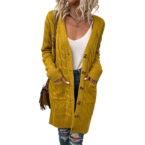 Damen 2024 Langarm Zopfmuster lange Strickjacke Herbst Winter Grob offene Vorderseite Knopfleiste Pullover Oberbekleidung mit Taschen (Gelb, M) von Generisch