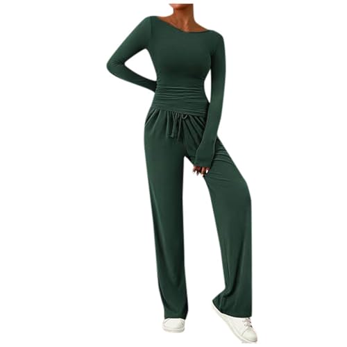 Damen Einfarbig Lounge Set Asymmetrische Oberteil Und Lange Hose Set Geschnittene Yoga Trainingsanzug Zweiteiliger Outfit Schmal Loungewear Set Grün M von Generisch