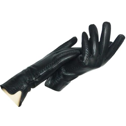 Damen-Fahrradhandschuhe, dicke Schleife, echtes Leder, modisch, warm, Schwarz, Größe 41,5 von Generisch