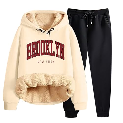 Damen Fleece Pullover Gefüttert Zweiteiler Winter Outfits Warm Freizeit Sportanzug Einfarbig Weiche Loungewear Langarm Locker Hoodie Jogginghose Anzug Plush Schlafanzug Bequeme Lässig Trainingsanzug von Generisch