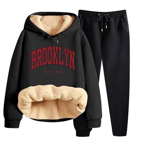 Damen Fleece Pullover Gefüttert Zweiteiler Winter Outfits Warm Freizeit Sportanzug Einfarbig Weiche Loungewear Langarm Locker Hoodie Jogginghose Anzug Plush Schlafanzug Bequeme Lässig Trainingsanzug von Generisch