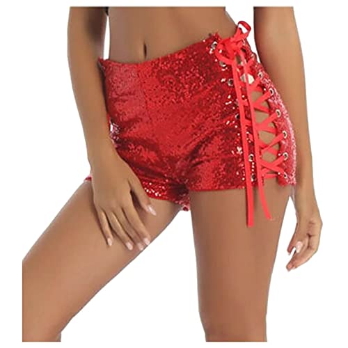 Damen Glitzer Kurz Shorts Festival Konzert Sexy Outfit Pailletten Hose Club Festivals Outfits Glänzend Hotpants Hohe Taille Kurze Karneval Rave Party Freizeitshort von Generisch