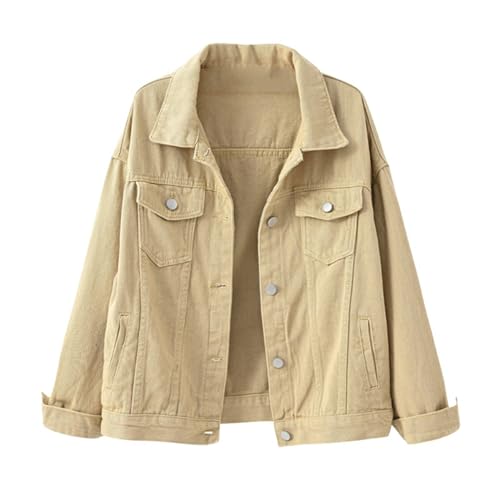 Damen Jeansjacke Geknöpft Mit Taschen Oversize Jeansjacken Übergangsjacke Einfarbig Vintage Kurze Jacket Kurzjacke Jacke Revers Dünne Jeansjacke Frühlingsjacke Damenjacken Khaki 3XL von Generisch