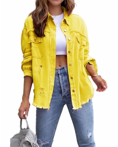 Damen-Jeansjacke mit ausgefranstem Saum, gerissener Saum, Used-Look, Knopfleiste vorne, Boyfriend-Jeansmantel, Jeans-Shacket mit Taschen (Gelb, M) von Generisch