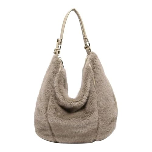 Damen Kunstfell Pelzige Tote Tasche, Plüsch Umhängetasche Damen, Flauschige Retro-Umhängetasche mit Reißverschluss, Damen Herbst Winter Plüsch Handtasche (Khaki) von Generisch