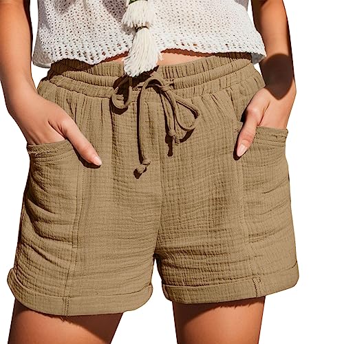 Damen Kurze Hose, Shorts Damen Sommer Leinen Musselin Kurze Hose Beach Shorts Mit Taschen Mode Lässige Stoffhose Freizeit Shorts Elastische Taille Stretch Gerades Bein Sport Shorts Mit Kordelzug Leine von Generisch