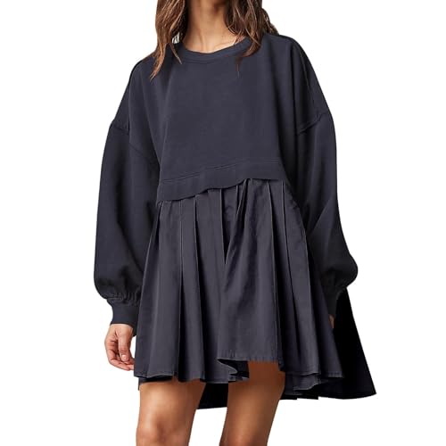 Damen Oversized Sweatshirt Kleid Langarm Rundhals Pullover Tops Patchwork Plissee Pullover Minikleid von Generisch