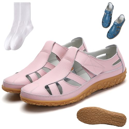 Damen-Retro-Flache rutschfeste Sandalen aus echtem Leder, Wanderschuhe, Sommer, ausgehöhlt, verstellbar, geschlossener Zehenbereich, Sandalen, Schuhe für Damen von Generisch