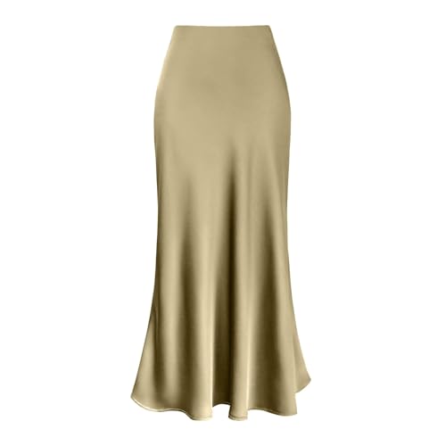 Damen Rock Midi Rock Satinrock Lang Langer Rock Midi Midi Hohe Taille Bleistiftrock Maxirock Satinrock Long Skirt Maxi Skirt Gold XL von Generisch