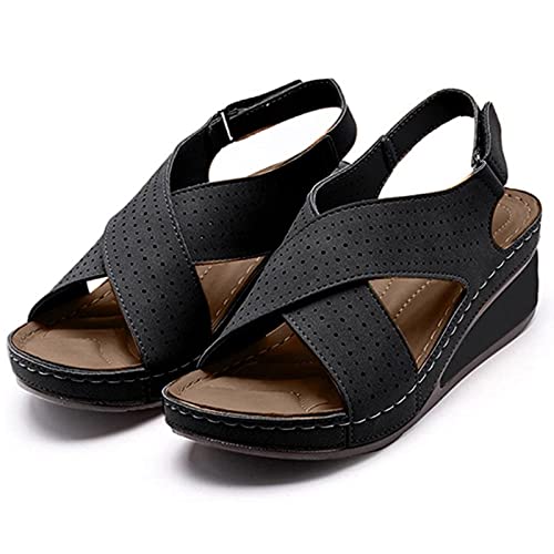 Damen-Sandalen mit dicker Plateausohle, Criss-Cross-Schnürsandalen, Damen-Wedges, orthopädische, ausgehöhlte PU-Sommer-Vintage-Sandalen, bequeme Keile, leichte, offene Zehen-Walking-Sandalen von Generisch