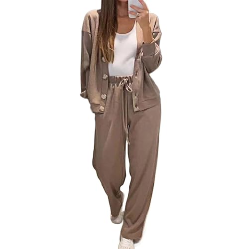 Damen-Strickjacke, Jacke und Hose, 2-teiliges Set, Knöpfe, V-Ausschnitt, lockere Passform, Cardigan, Hose, Jogginganzüge (Kaffee, XL) von Generisch