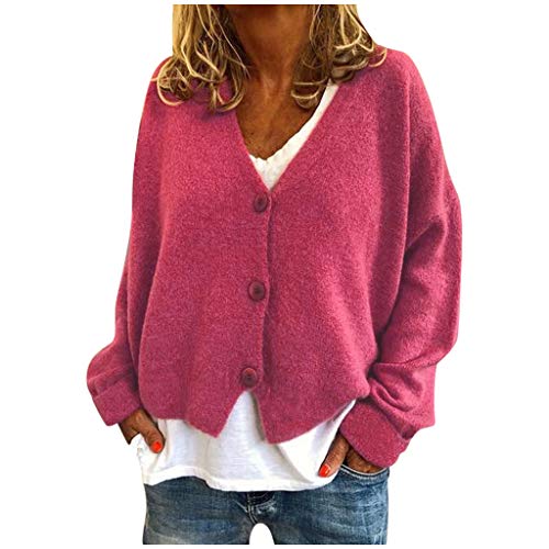 Damen Strickjacke Retro Herbst Winter Einfarbig Knopfleiste Strickjacke Strickmantel Cardigan Langarm mit knöpfen Kurz Strickjacken Strickcardigan Mode Loose Damenstrickjacke Pullover Heißes Rosa M von Generisch