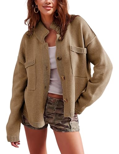 Damen-Strickjacke mit offener Vorderseite, Knopfleiste, Stehkragen, Strickjacke, mit Taschen, Strickjacke, Herbstjacken (Khaki, XL) von Generisch