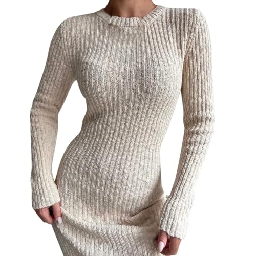 Damen Strickkleid Pulloverkleid Elegant Winterkleider Langarm Lässig Aesthetic Tunika Longpullover Strick Weihnachtspullover Weich Schicke Strickkleider Tunika Kleid Hoodie Kleid Beige S von Generisch