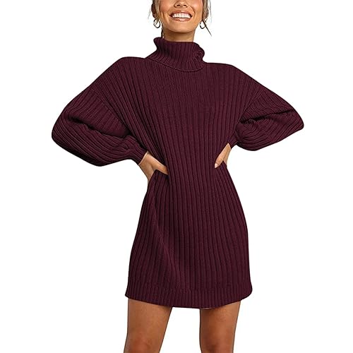 Damen Strickkleid Winter Pullikleid Langarm Winterkleid Lässig Lang Sweatkleid Weihnachtspullover Warmer Longpullover Knielang Pullover Kleid Schicke Strickkleider Schicke Kleider Wein S von Generisch