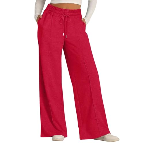 Damen-Sweathose mit weitem Bein, Kordelzug, hohe Taille, gerades Bein, elastische Taille mit Taschen, Sweathose, athletischer Jogger (Rot, Größe 2XL) von Generisch